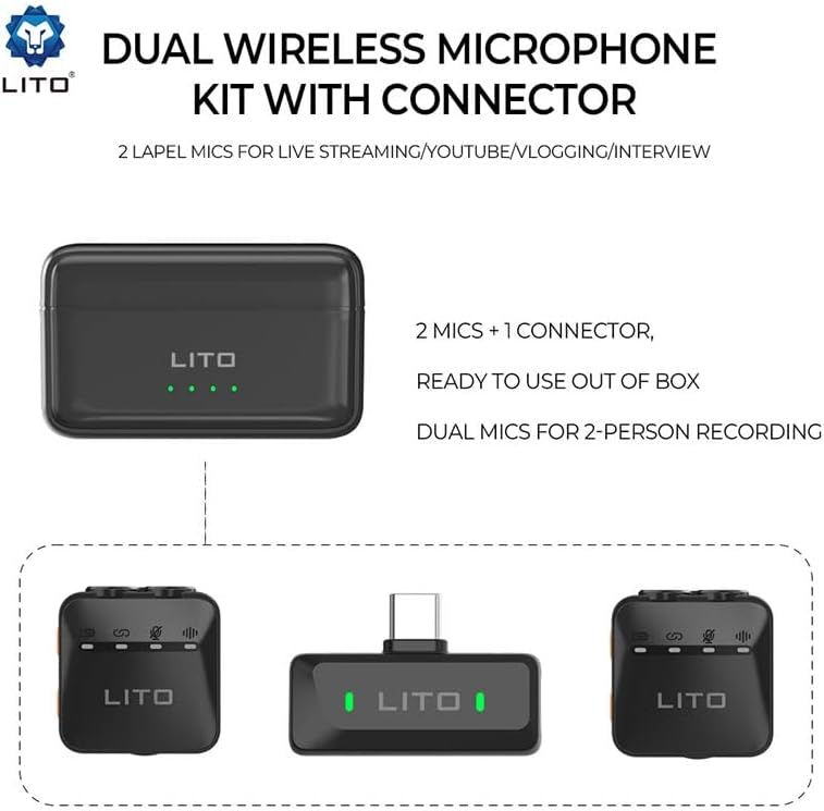 LITO LM04 dual wireless microphone kit with connector for 2-person recording