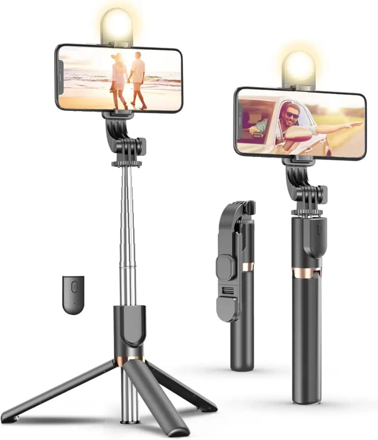 Plokama 1.3m Phone Tripod Stand with LED Light & Bluetooth Remote