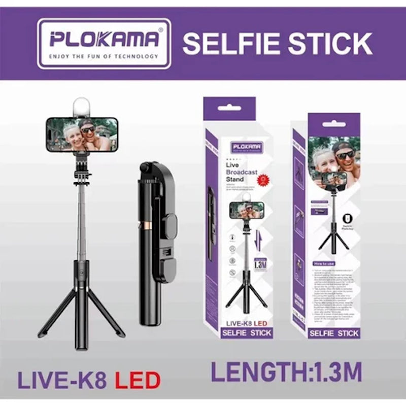 Plokama 1.3m Phone Tripod Stand with LED Light & Bluetooth Remote