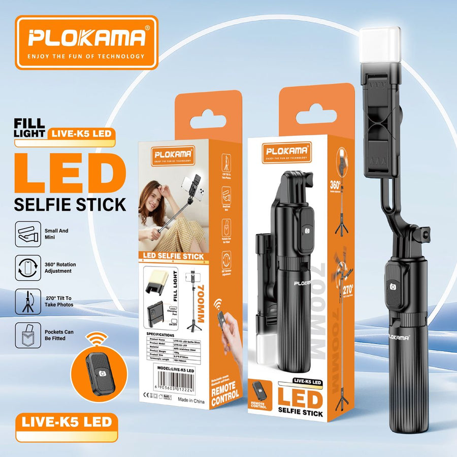 Plokama Live-K5 3-in-1 LED Selfie Stick Bluetooth Tripod with Remote