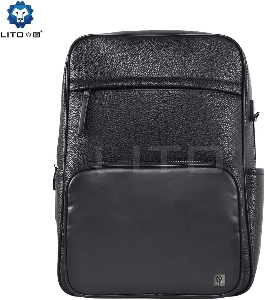 Lito LK01 genuine leather fingerprint backpack in black, front view