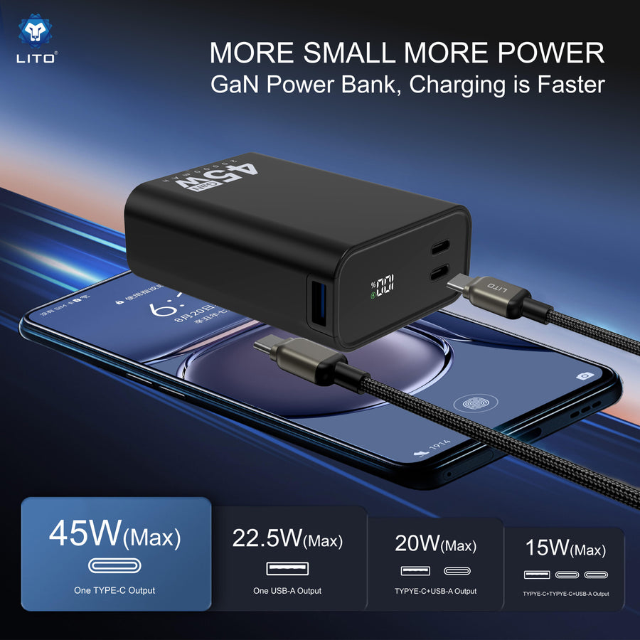 LITO LP02 GaN power bank 45W 22.5W 20W 15W outputs