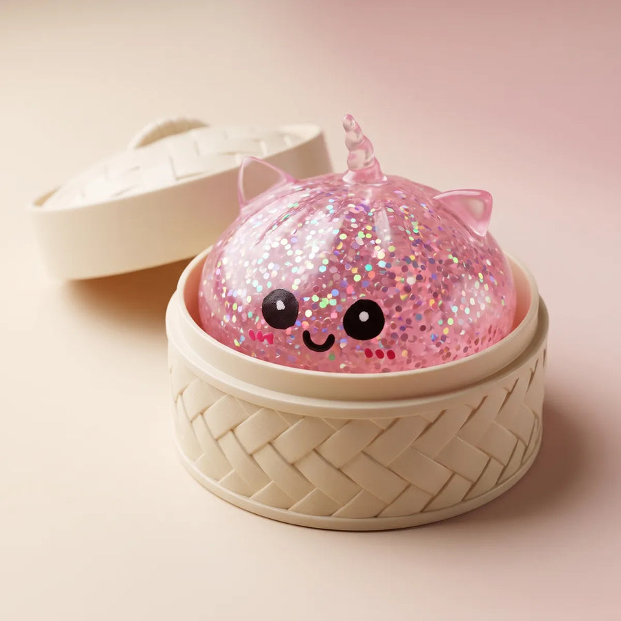 Pink unicorn dumpling squishy in bamboo steamer box