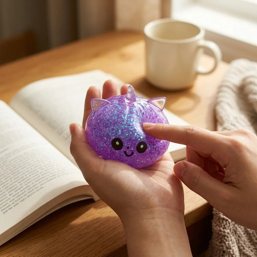 Purple unicorn dumpling squishy used as fidget toy