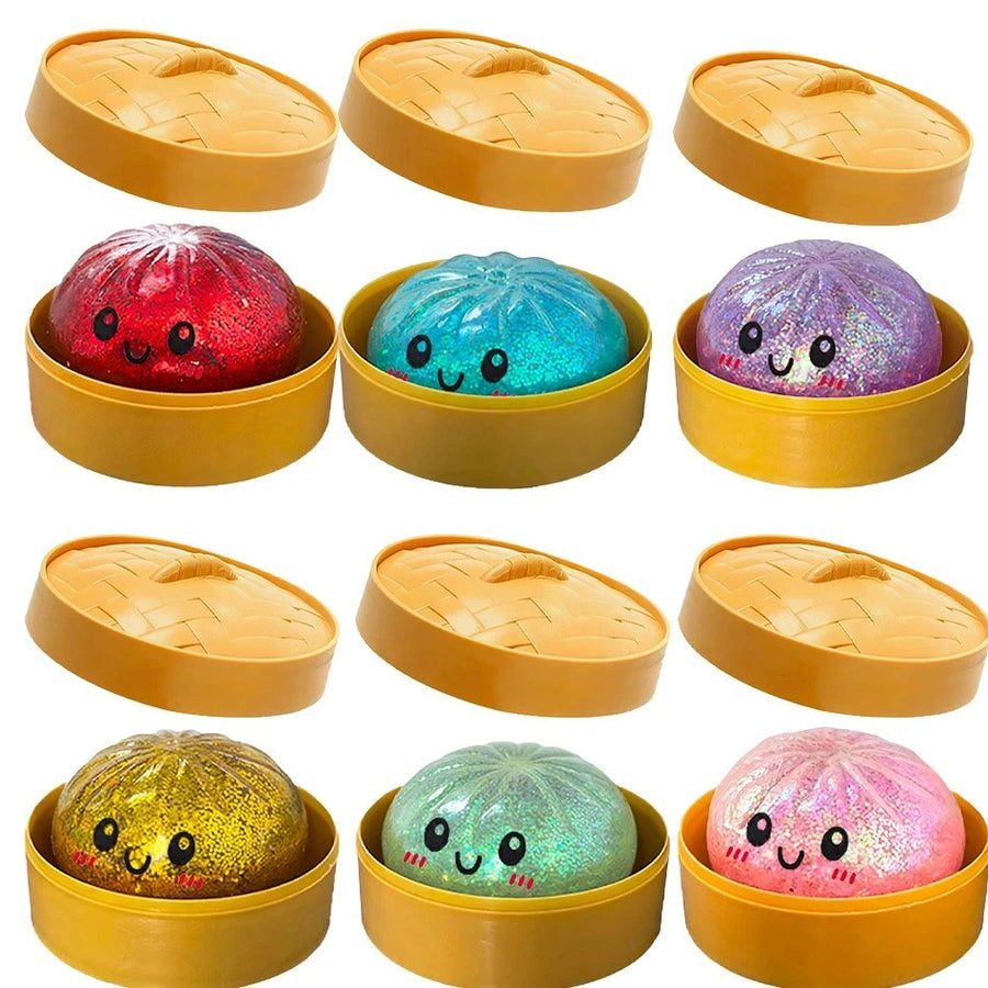 Glitter dumpling squishies in steamer boxes - multiple colours