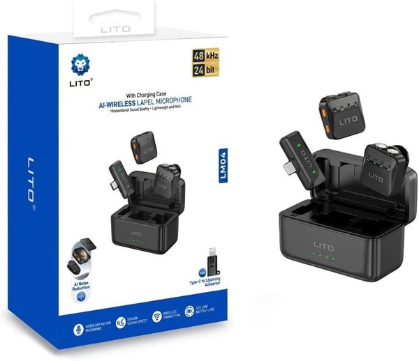 LITO LM04 wireless lapel microphone 2-pack with charging case and retail box