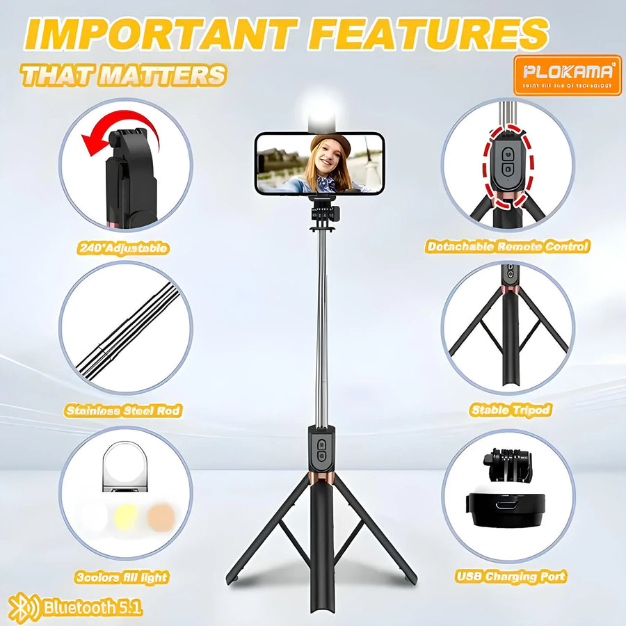 Plokama LIVE-K9 LED Tripod & Selfie Stick with Bluetooth Remote - 1.7m