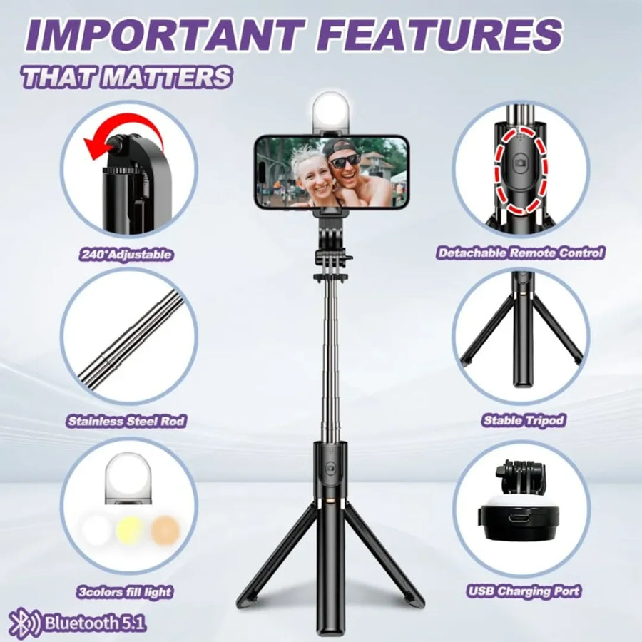 Plokama 1.3m Phone Tripod Stand with LED Light & Bluetooth Remote