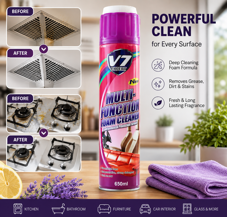 V7 Expert Multi-Function Foam Cleaner 650ml (Pack of 2) – Deep Cleaning Spray | Purple Lavender or Yellow Lemon