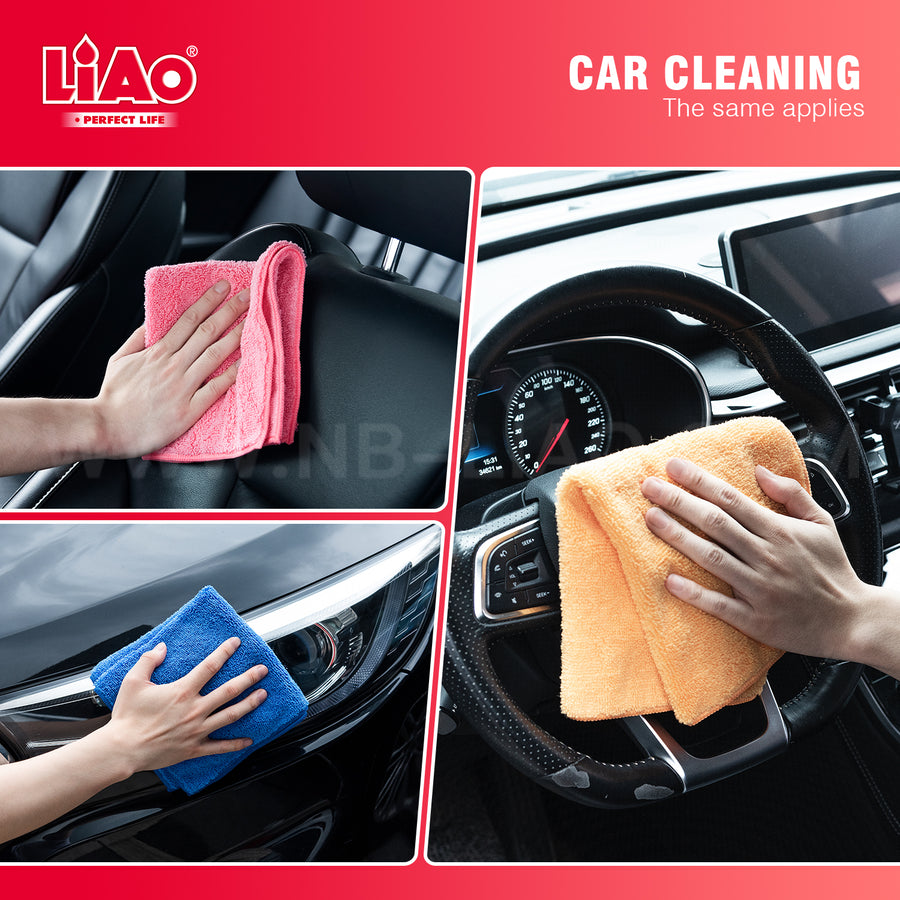 Liao Microfiber Cleaning Cloths Multicolour 35x35cm Pack of 12, Versatile Cleaning, 320 GSM, Reusable, Car & Kitchen Use, 40g per Cloth