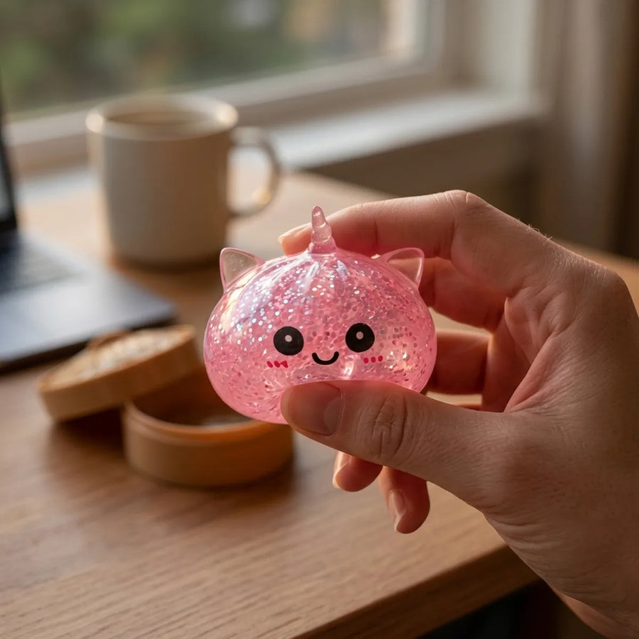 Pink unicorn dumpling squishy used as fidget toy