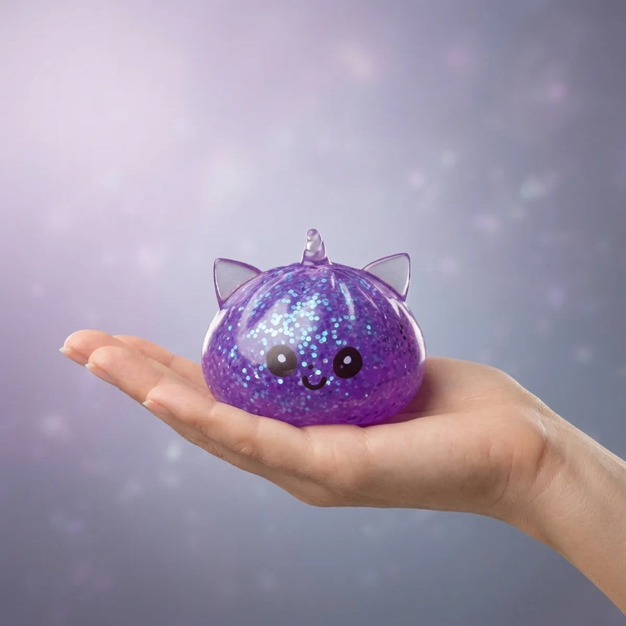 Purple unicorn dumpling squishy held in hand for size