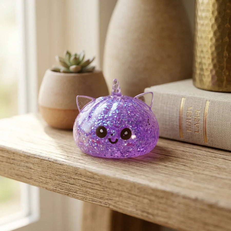 Purple unicorn glitter dumpling squishy lifestyle