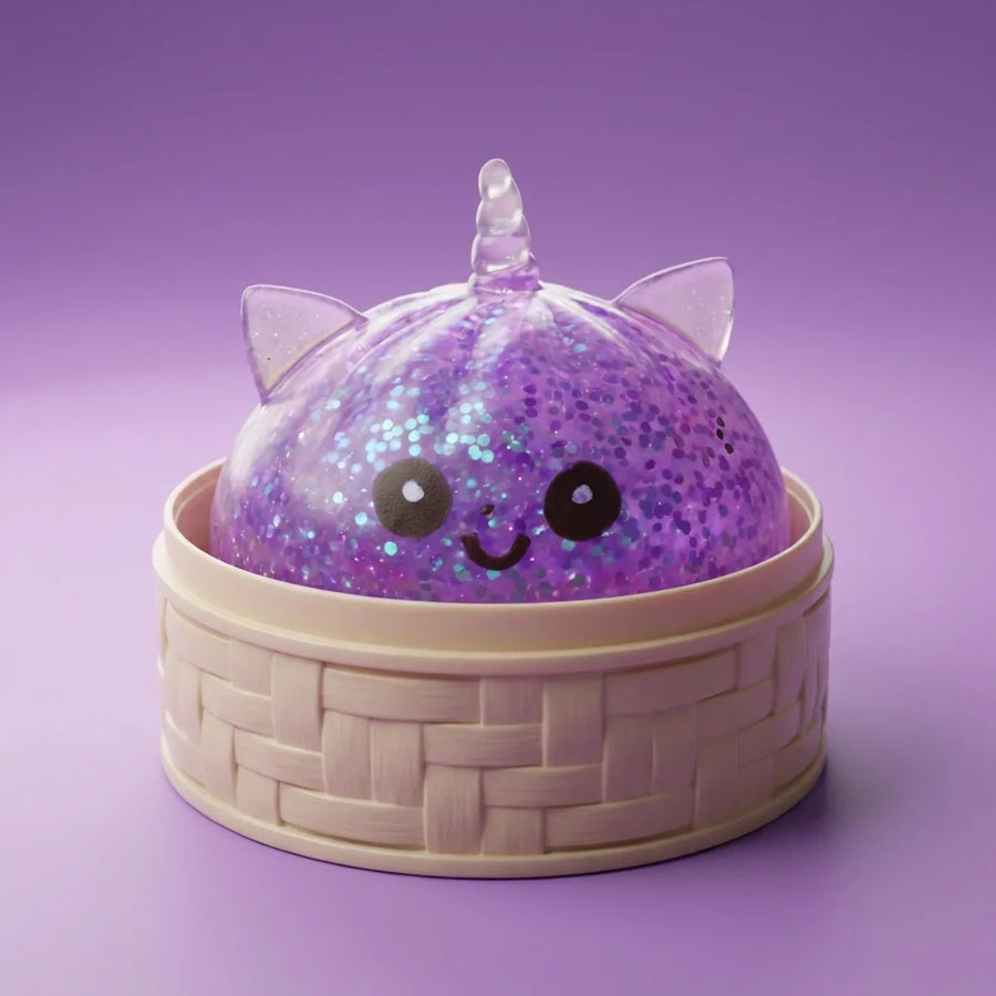Purple unicorn dumpling squishy in bamboo steamer box
