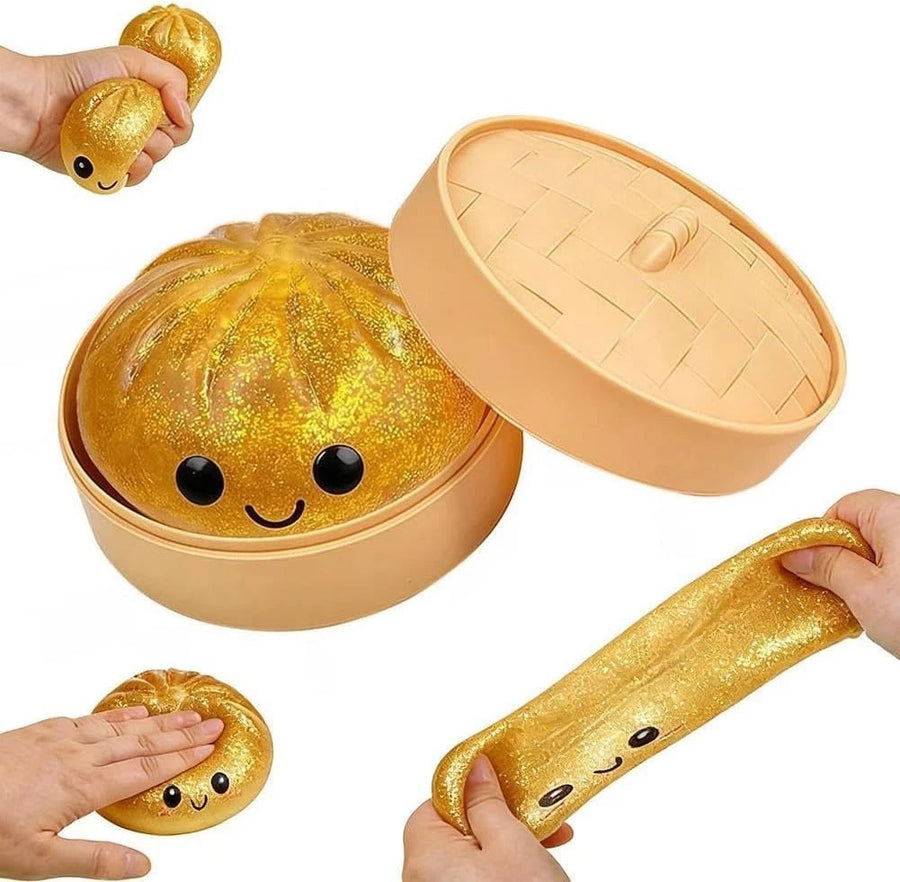Gold glitter dumpling squishy in steamer box