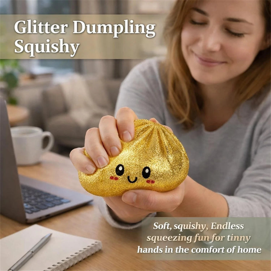 Woman squeezing a gold glitter dumpling squishy at her desk