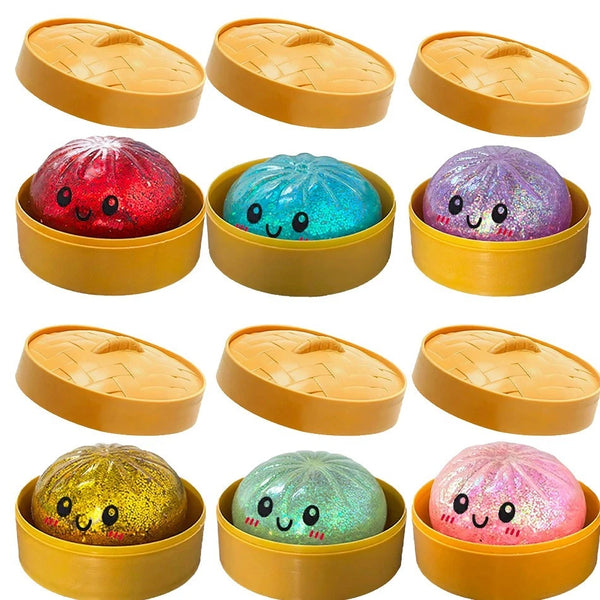 Glitter dumpling squishies in steamer boxes - multiple colours