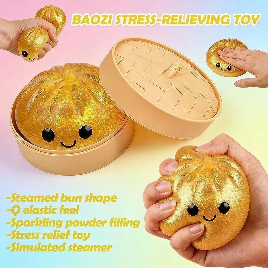 Baozi dumpling squishy features: steamed bun shape, elastic feel, sparkly filling