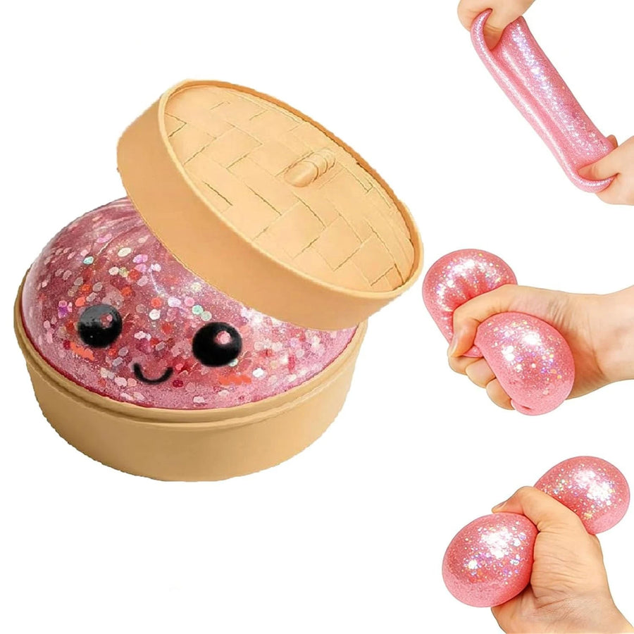 Pink glitter dumpling squishy in steamer box