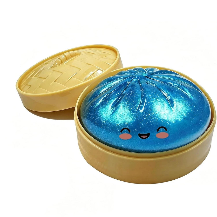 Blue glitter dumpling squishy in steamer box