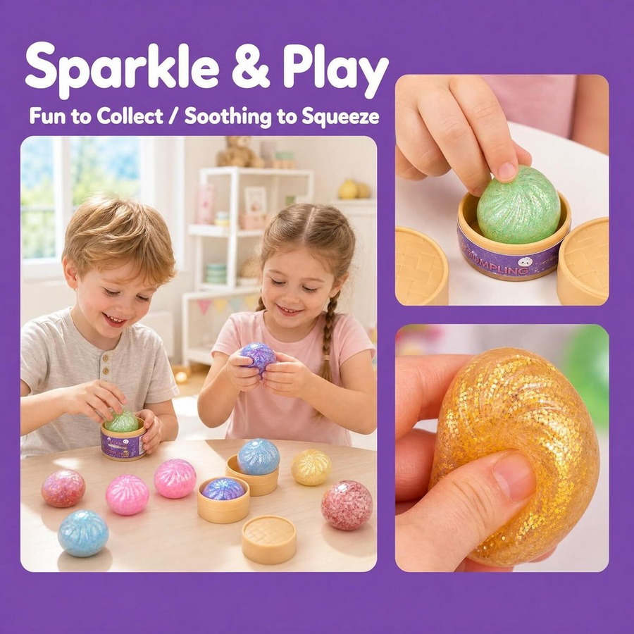 4-Pack Mini Glitter Dumpling Squishies 5.3cm - Stress Relief Squeeze Fidget Toys