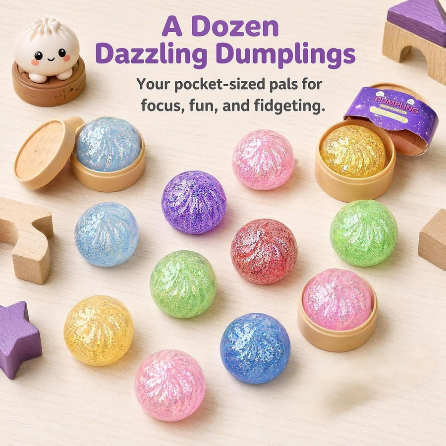 4-Pack Mini Glitter Dumpling Squishies 5.3cm - Stress Relief Squeeze Fidget Toys